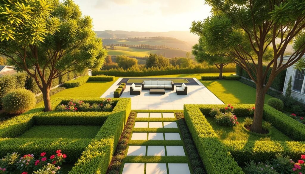 A 3D garden planner displaying a lush, verdant backyard oasis. In the foreground, a detailed 3D visualization of a meticulously designed garden layout, featuring neatly trimmed hedges, colorful flower beds, and lush trees casting gentle shadows. The middle ground showcases a modern, minimalist patio with comfortable seating arrangements, inviting the viewer to envision themselves relaxing in this tranquil haven. In the background, the scene is framed by a picturesque landscape of rolling hills, vibrant greenery, and a softly lit, golden-hued sky, creating a serene and dreamlike atmosphere. The lighting is natural and warm, accentuating the depth and dimensionality of the 3D visualization. Overall, the image conveys a sense of harmony, attention to detail, and the promise of a personalized, visually stunning garden oasis.