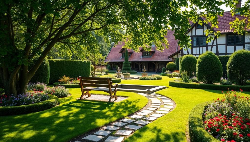 A beautifully manicured garden with a lush lawn, colorful flower beds, and neatly trimmed hedges. In the foreground, a stone path winds through the greenery, leading to a charming wooden bench nestled under a canopy of trees. Dappled sunlight filters through the leaves, casting a warm, inviting glow across the scene. The middle ground features a well-designed water feature, such as a small pond or fountain, adding a soothing, tranquil element. In the background, a traditional German-style house with red-tiled roofs and wooden accents provides a picturesque backdrop. The overall atmosphere is one of serene beauty, with a touch of rustic charm, showcasing the potential of a thoughtfully planned and executed garden design.