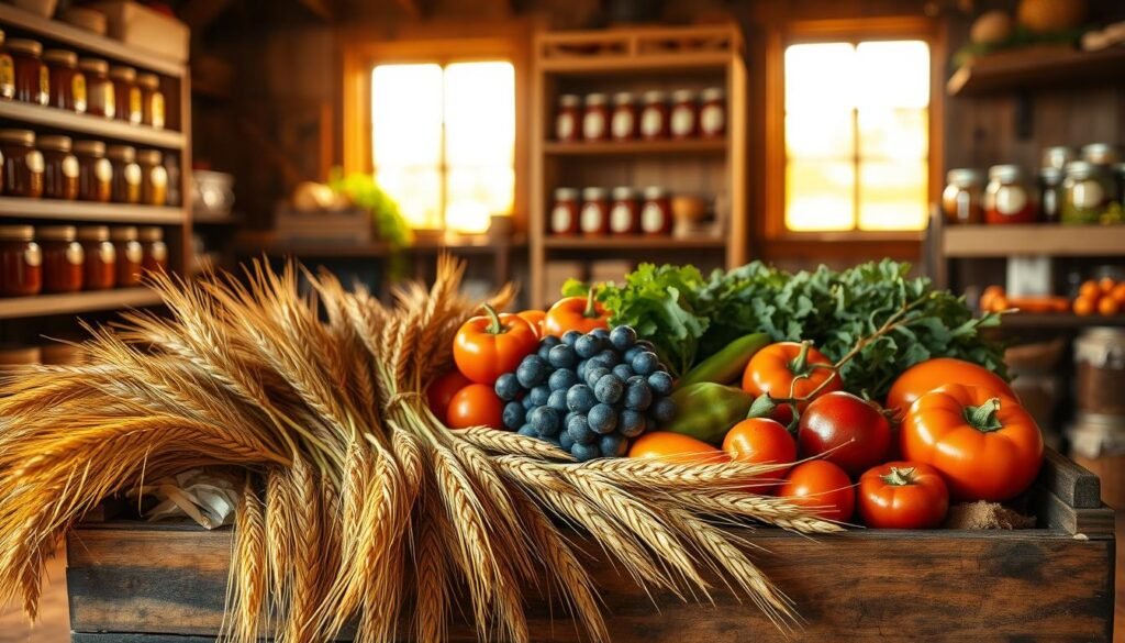 A bountiful autumn harvest spills forth, golden wheat stalks and vibrant vegetables laid out in a rustic wooden crate. Soft, golden light filters through a window, casting a warm glow over the scene. In the background, rows of shelves hold jars and crates, evidence of a well-stocked pantry, a testament to the hard work and careful planning of the self-sufficient gardener. The composition evokes a sense of abundance, sustainability, and the satisfaction of reaping what one has sown, all within a cozy, homely atmosphere.
