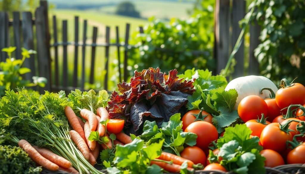 A bountiful display of simple yet nutritious vegetables, captured in a serene garden setting. In the foreground, a variety of fresh produce - crisp carrots, tender lettuce, plump tomatoes - arranged with a rustic elegance. The middle ground features lush, vibrant foliage, casting a soft, natural light that enhances the vibrant colors. In the background, a weathered wooden fence and a hint of a rolling countryside, creating a sense of tranquility and connection to the earth. Captured with a wide-angle lens to showcase the abundance and simplicity of these beginner-friendly vegetable options, perfect for sustaining a thriving and sustainable home garden.