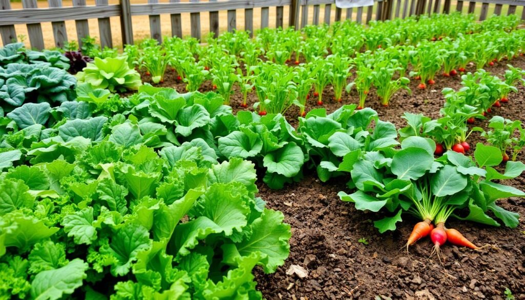 A bountiful springtime garden bursting with a variety of vibrant, frost-hardy vegetables. In the foreground, a lush bed of kale, swiss chard, and spinach, their crisp leaves glistening with morning dew. In the middle ground, rows of freshly planted pea shoots, radishes, and carrots, their delicate green stems and bright hues complementing the earthy tones of the soil. Surrounding the scene, a fence of weathered wood frames the picture, lending a rustic, pastoral feel. The soft, overcast lighting casts a gentle, diffused glow, accentuating the natural textures and colors of the produce. A serene, tranquil atmosphere pervades the image, inviting the viewer to imagine the bountiful harvest to come.