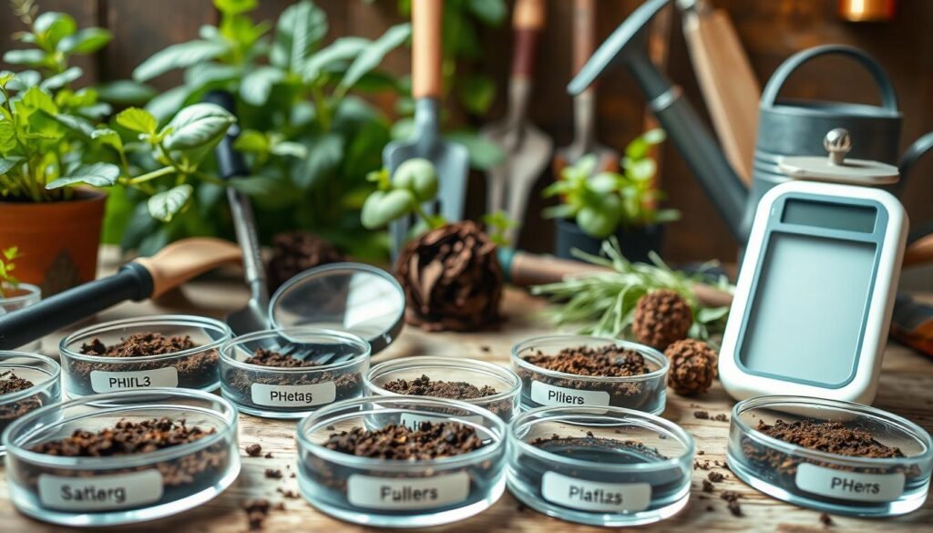 A close-up view of soil analysis for a vegetable garden, showcasing a variety of soil samples, tools, and test equipment. The foreground features several soil samples in labeled petri dishes, with a magnifying glass and pH meter in the middle ground. The background displays an array of garden tools, including a spade, trowel, and watering can, along with lush greenery and a rustic wooden backdrop, creating a warm and earthy atmosphere. The lighting is natural and diffused, lending a soft, inviting quality to the scene. The overall composition emphasizes the importance of understanding the garden's soil composition for sustainable, healthy plant growth.