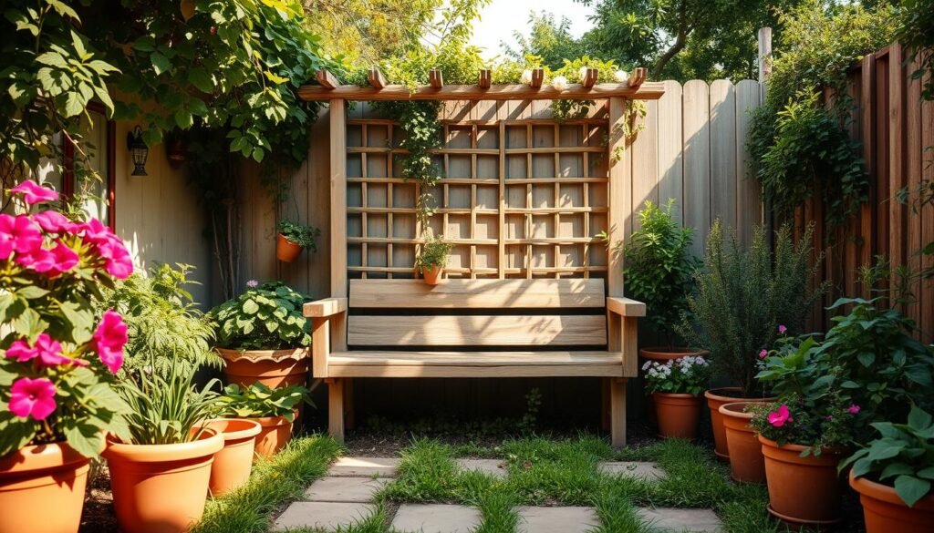 A cozy backyard oasis, with a rustic DIY wooden bench nestled among lush greenery. Vibrant flowers and herbs in terracotta pots line the edges, casting soft shadows in the warm afternoon sunlight. In the center, a simple yet elegant DIY trellis supports a flowering vine, creating a natural canopy. The scene exudes a sense of serene tranquility, perfect for a relaxed garden getaway on a minimal budget. Captured with a wide-angle lens to showcase the depth and harmony of the DIY elements in this charming, inviting space.