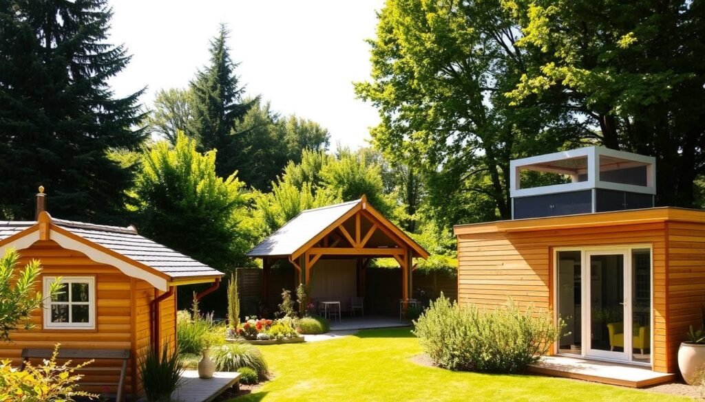 A cozy garden house with various roof designs, showcased in a pleasant outdoor setting. In the foreground, a charming gable-roofed structure with natural wood siding and a lush, well-maintained garden. In the middle ground, a hip-roofed pavilion with a sweeping overhanging eave, surrounded by lush greenery. In the background, a modern shed-roofed building with a sleek, minimalist aesthetic, nestled among mature trees. The scene is bathed in warm, directional sunlight, casting soft shadows and highlighting the textures of the different roof shapes. The overall mood is one of tranquility, functionality, and thoughtful design, reflecting the section's focus on "Dachformen: Funktion und Design".