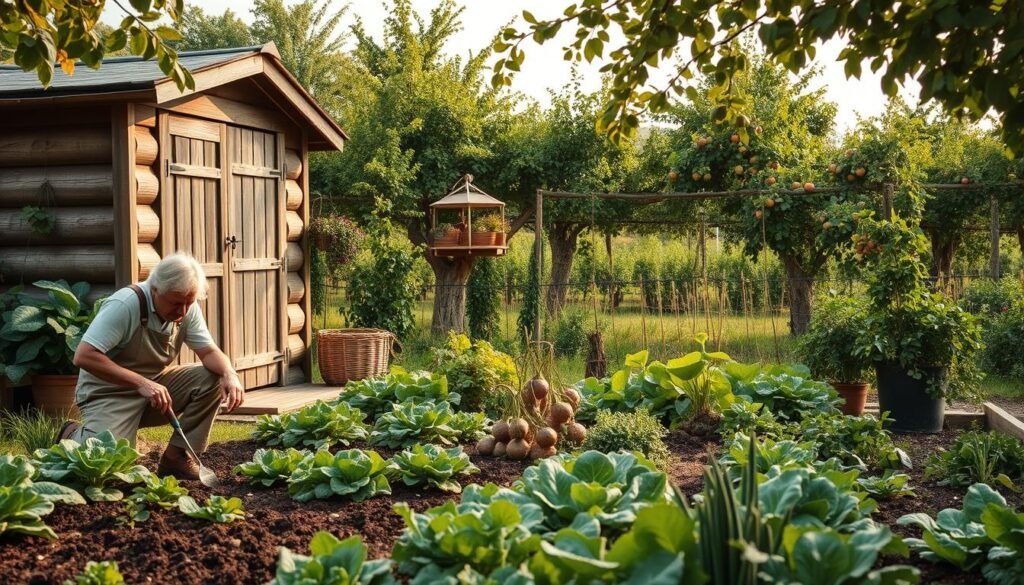 A cozy garden scene in the changing seasons, featuring a well-tended vegetable patch and a rustic wooden shed. In the foreground, a gardener in overalls crouches, tending to the soil with a trowel. The middle ground showcases a variety of seasonal produce - leafy greens, vibrant root vegetables, and climbing vines. In the background, a lush orchard frames the scene, with fruit trees in bloom or heavy with ripe bounty, depending on the time of year. Soft, natural lighting filters through the canopy, casting a warm, earthy glow over the entire composition. The overall atmosphere conveys a sense of peaceful productivity, a harmonious dance between human stewardship and the rhythms of nature.