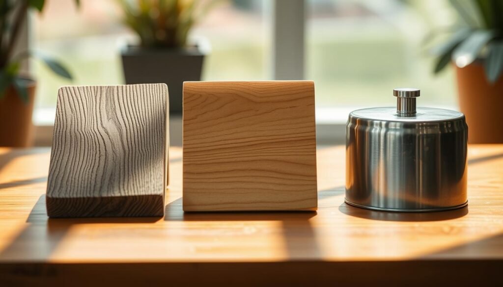A detailed comparison of wood, plastic, and metal materials for a low-maintenance garden. The scene depicts a minimalist tabletop display showcasing carefully arranged samples of each material, with natural lighting casting warm shadows. The wood exhibits a rich, textured grain, the plastic has a sleek, modern sheen, and the metal has a polished, industrial finish. The arrangement is visually balanced, allowing the viewer to closely examine and contrast the unique properties and aesthetics of these common gardening materials. The overall mood is one of thoughtful consideration, guiding the viewer to make an informed decision about the optimal material choice for their needs.