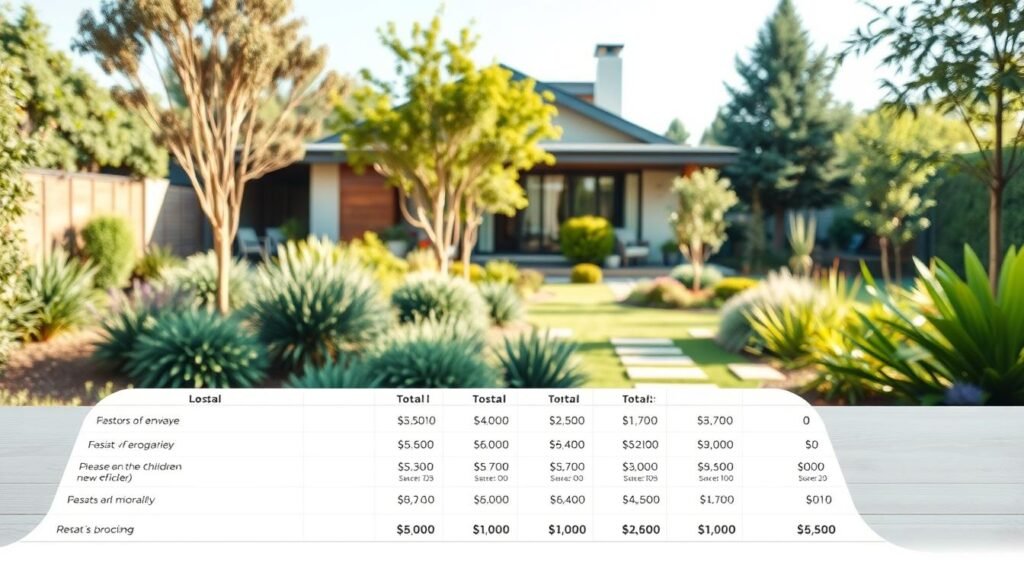 A detailed cost overview for a new garden design, rendered in a clean and modern style. In the foreground, a table with neatly organized line items, cost figures, and subtotals, with an elegant minimalist aesthetic. The middle ground depicts a lush, well-manicured garden, featuring a variety of plants, trees, and landscaping elements. The background showcases a modern, energy-efficient home, with a harmonious blend of architectural elements. The lighting is soft and natural, creating a serene and inviting atmosphere. The composition emphasizes the relationship between the cost breakdown and the resulting garden, conveying a sense of thoughtful planning and budgeting for a sustainable, eco-friendly outdoor space.