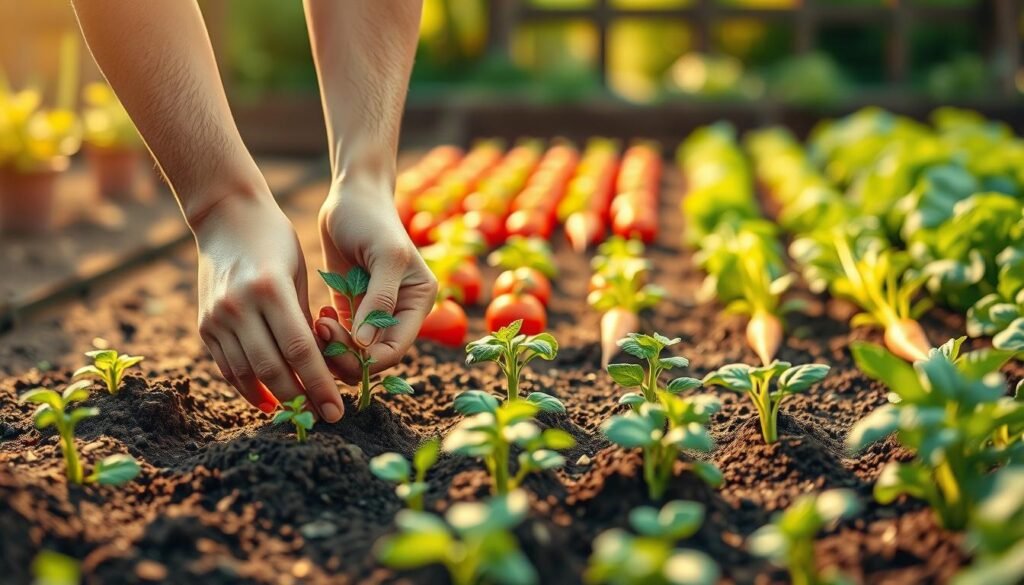 A detailed, step-by-step illustration of vegetable garden planting, showcasing the process of carefully placing seedlings into a well-prepared soil bed. The foreground depicts hands gently digging holes and nestling young plants, while the middle ground features neatly arranged rows of thriving vegetables like tomatoes, carrots, and leafy greens. The background softly blurs, creating a sense of focus on the methodical, sustainable gardening techniques. The lighting is warm and natural, evoking a serene, earthy atmosphere. The camera angle is slightly elevated, providing an informative, instructional view of the step-by-step planting process.