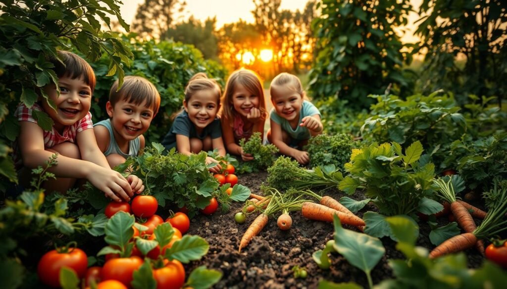 A group of cheerful children harvest an abundant garden, their hands tenderly picking fresh vegetables from the soil. The foreground features the children kneeling amidst lush green foliage, their expressions beaming with pride and delight. The middle ground showcases a variety of colorful produce, from plump tomatoes to vibrant carrots and leafy greens. In the background, a warm, golden-hued sunset casts a soft, inviting glow over the scene, creating a serene and inviting atmosphere. The image is captured with a wide-angle lens, allowing for a sense of depth and immersion, as if the viewer is standing alongside the children, sharing in their joy of harvesting and enjoying the fruits of their labor.