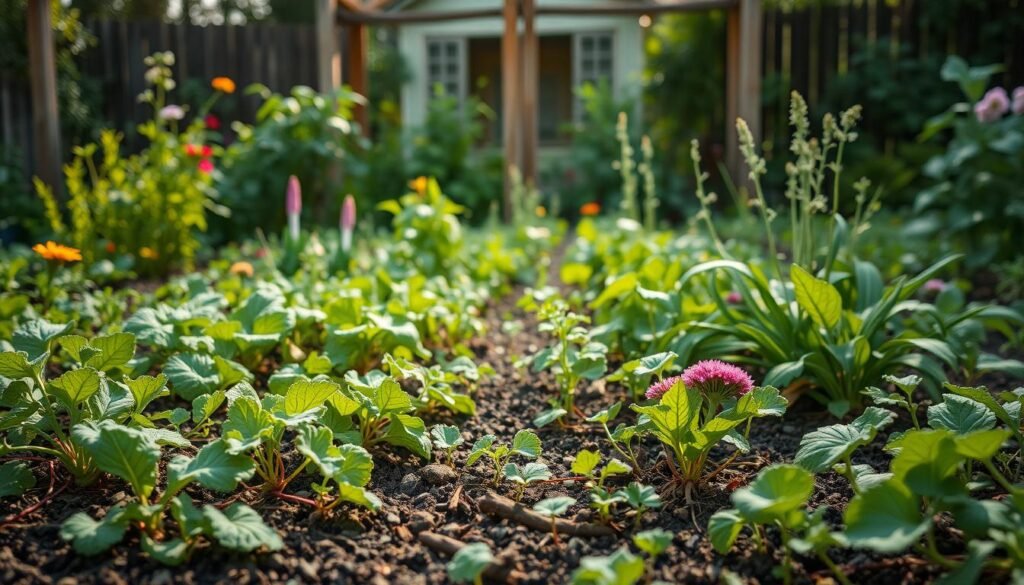 A lush and thriving vegetable garden, the soil teeming with life. In the foreground, a mix of leafy greens, vibrant roots, and delicate flowers intertwine, creating a visually captivating patchwork. The middle ground showcases strategically placed companion plants, their symbiotic relationship evident in the healthy, robust growth. In the background, a shed or trellis provides a rustic, natural frame, casting warm, soft lighting across the scene. The overall composition exudes a sense of harmony, balance, and the bountiful rewards of a well-planned, sustainable garden design. Subtle variations in hue, texture, and shape add depth and visual interest, inviting the viewer to explore the intricate details of this thriving "Fruchtwechsel im Gemüsebeet".