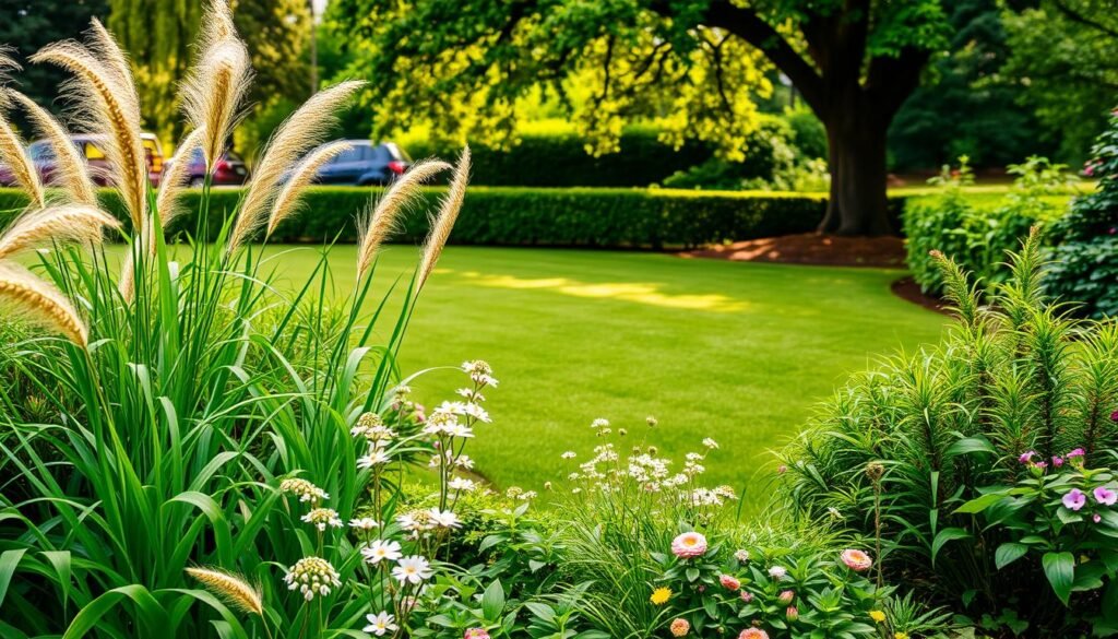 A lush and vibrant garden scene, showcasing an array of flourishing plants and a meticulously manicured lawn. In the foreground, an assortment of verdant foliage, including tall, swaying grasses, delicate flowers, and neatly trimmed hedges, creating a serene and inviting atmosphere. The middle ground features a well-tended lawn, its emerald green hue punctuated by the gentle sway of blades in a light breeze. In the background, a sense of depth is achieved through the inclusion of larger, mature trees, their canopies providing a natural, filtered lighting that casts a warm, golden glow across the scene. The overall composition conveys a sense of tranquility and the final touch of an expertly crafted outdoor space.
