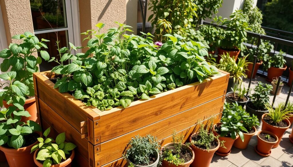 A lush, carefully tended raised garden bed sits atop a sun-drenched balcony, its wooden structure blending seamlessly with the surrounding architecture. Thriving vegetable plants, their leaves gently swaying in the breeze, create a vibrant and productive green oasis. In the background, a diverse array of potted plants and container gardens line the balcony's edges, offering a variety of gardening solutions for small-space living. The scene is bathed in warm, natural light, capturing the beauty and practicality of urban gardening. A wide-angle lens captures the full scope of this compact yet bountiful horticultural haven.