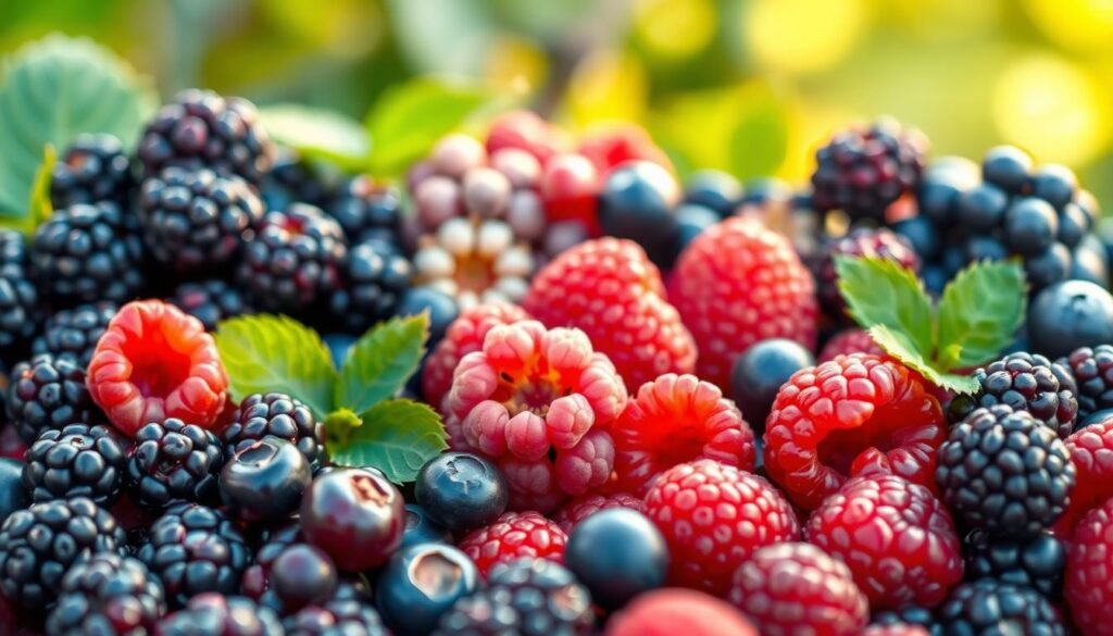 A lush, colorful display of various berry varieties, showcasing their unique characteristics. In the foreground, plump, glistening blackberries, raspberries, and blueberries are arranged artfully, their vibrant hues and textures inviting the viewer to discover their flavors. The middle ground features a selection of lesser-known berries, such as cloudberries, lingonberries, and saskatoons, each with its own distinct shape and sheen. The background subtly fades into a softly-lit, natural setting, hinting at the ideal growing conditions for these delectable fruits. Warm, diffused lighting casts a gentle glow, highlighting the berries' individual nuances and creating an overall sense of abundance and care. The composition is balanced and visually appealing, conveying the expertise and specialized knowledge required to cultivate and appreciate these Beerenarten, or berry varieties.