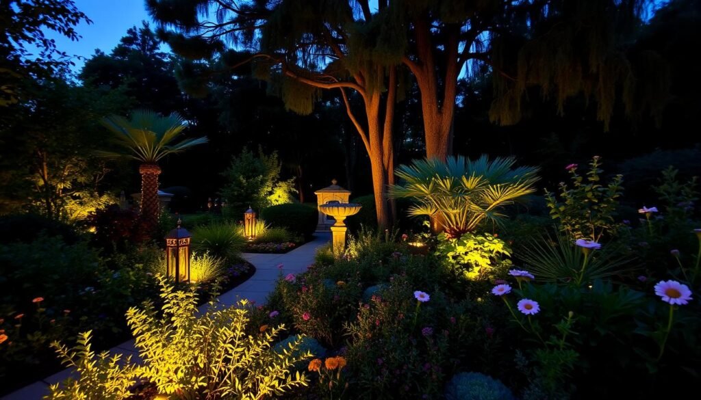 A lush garden at dusk, lightly illuminated by warm, inviting garden lights. Soft, ambient lighting highlights the verdant foliage, casting gentle shadows on the well-tended paths. In the foreground, a mixture of perennials and flowering shrubs create a captivating visual display, their colors and textures accentuated by the carefully positioned lighting. Tall trees in the background provide a natural canopy, their branches swaying gently in the evening breeze. The overall scene exudes a sense of tranquility and relaxation, inviting the viewer to step into this enchanting outdoor sanctuary and appreciate the beauty of a well-designed garden lighting scheme.