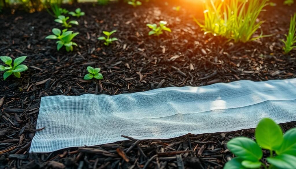 A lush garden bed with a thick layer of dark, nutrient-rich mulch covering the soil. Vibrant green foliage peeks through the mulch, indicating a thriving ecosystem. In the foreground, a subtle weed barrier fabric lies neatly atop the mulch, blending seamlessly into the scene. Soft, diffused sunlight filters through the canopy above, casting a warm, inviting glow over the entire composition. The overall aesthetic exudes a sense of effortless maintenance and organic harmony, perfectly capturing the essence of "Mulch und Unkrautvlies im Garten".