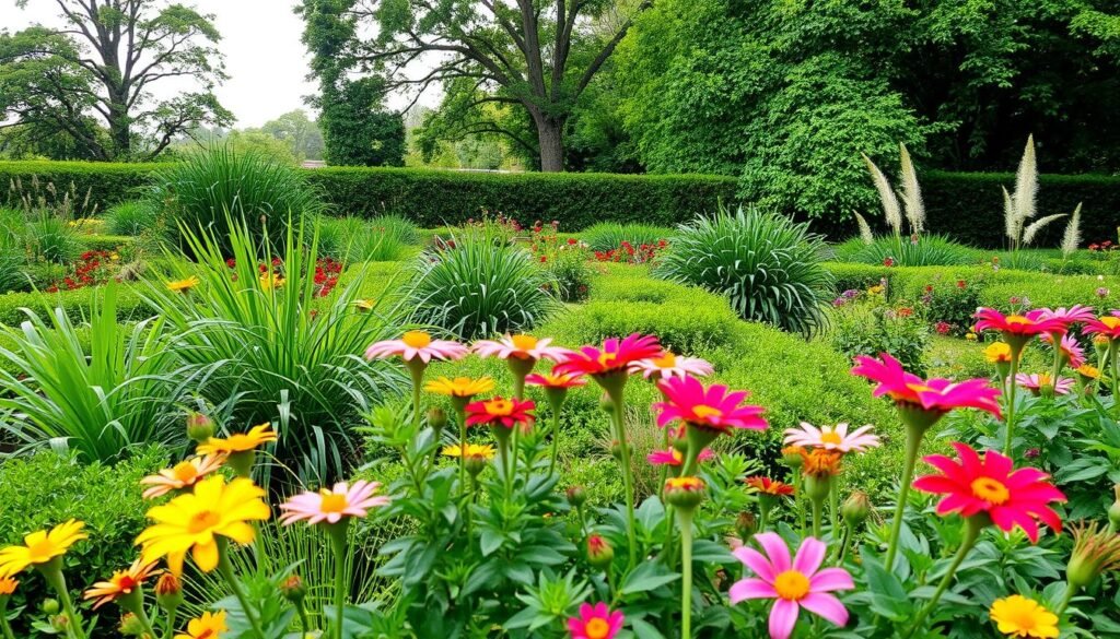 A lush garden filled with an array of flourishing plants, meticulously arranged in a harmonious composition. In the foreground, a variety of vibrant flowers in bloom, their petals gently swaying in the soft breeze. The middle ground showcases a mix of verdant foliage, from tall, swaying grasses to neatly trimmed hedges. In the background, a few carefully selected trees provide a natural backdrop, their branches casting a warm, dappled light across the scene. The overall atmosphere is one of tranquility and balance, inviting the viewer to imagine themselves strolling through this carefully curated garden oasis.