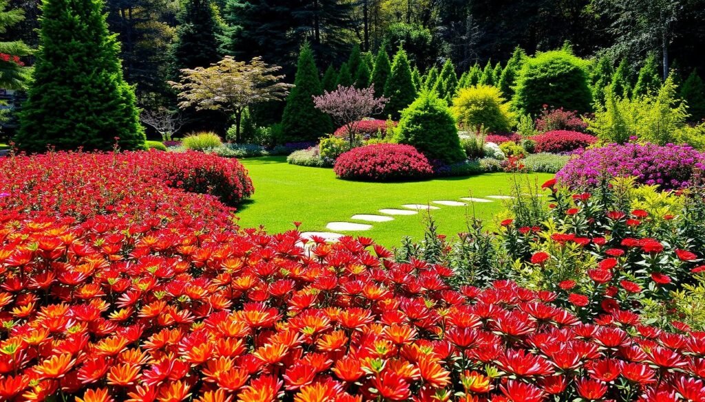 A lush garden in vibrant hues, showcasing a harmonious blend of shapes and colors. In the foreground, a carefully arranged array of ornamental flowers and shrubs, their petals and leaves creating a captivating tapestry of textures. The middle ground features a well-manicured lawn, dotted with strategically placed stone pathways that invite exploration. In the background, a combination of evergreen trees and deciduous foliage provides a natural backdrop, casting gentle shadows that play across the scene. The lighting is soft and diffused, creating a serene and inviting atmosphere, as if captured on a warm, sunny day. The overall composition and color palette reflect a sense of balance, showcasing the beauty and diversity of garden design.