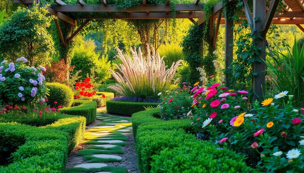 A lush garden oasis, bathed in warm, golden afternoon light. A meandering path leads through a vibrant tapestry of flowering plants and verdant foliage. In the foreground, neatly trimmed shrubs and colorful blooms create a sense of order and carefully curated aesthetic. The middle ground features a mix of taller perennials, their delicate petals dancing in a gentle breeze. In the background, a wooden pergola, draped with cascading vines, frames the scene, adding depth and a touch of rustic charm. The overall composition exudes a serene, inviting atmosphere, perfectly capturing the essence of a beautifully designed small garden.