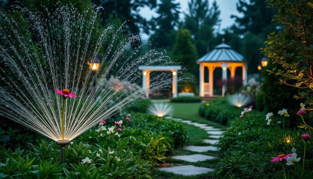 A lush garden oasis, where carefully designed irrigation systems seamlessly blend with strategic lighting. In the foreground, a glistening sprinkler system waters verdant, flourishing foliage, while delicate flowers sway in the gentle breeze. The middle ground showcases a serene path, flanked by elegant lighting fixtures that cast a warm, inviting glow, guiding the viewer through the tranquil scene. In the background, a modern, minimalist gazebo stands as a focal point, its subtle illumination creating an enchanting atmosphere. The overall composition evokes a sense of balance, harmony, and the perfect marriage of form and function, capturing the essence of "Bewässerung und Beleuchtung" in a visually captivating manner.
