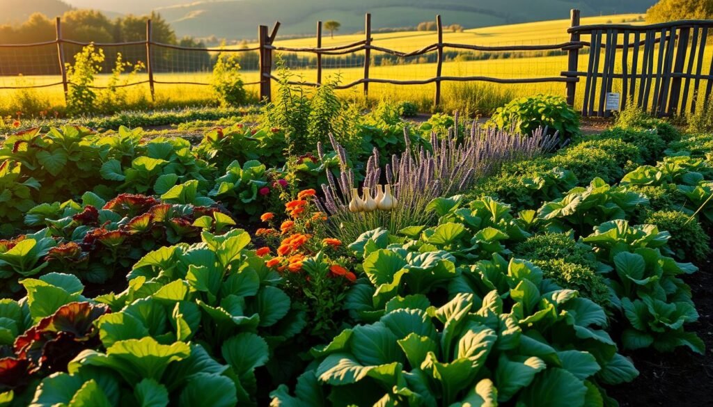 A lush, meticulously tended vegetable garden in a warm, golden afternoon light. In the foreground, rows of vibrant leafy greens and colorful produce, tended with care. In the middle ground, a selection of natural pest deterrents like marigolds, lavender, and garlic plants strategically placed between the crops. The background features a rustic wooden fence, and beyond it, a verdant landscape with rolling hills. The overall scene exudes a sense of harmony, with the gardener's diligent preventative measures seamlessly integrated into the garden's abundance and natural beauty.