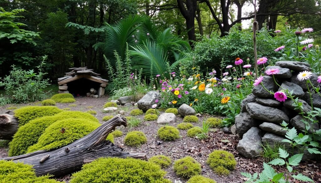 A lush, natural garden scene showcasing diverse habitats for insects and animals. In the foreground, a decaying log lies amidst a carpet of moss and ferns, providing shelter and sustenance. Nearby, a carefully constructed stone pile offers a hidden refuge for small creatures. The middle ground features a profusion of native wildflowers, their vibrant hues attracting a flurry of buzzing bees and fluttering butterflies. In the background, a dense thicket of trees and shrubs creates a verdant canopy, casting soft, dappled light across the scene. The overall atmosphere is one of tranquility and ecological harmony, inviting the viewer to appreciate the interconnected web of life in a sustainable garden.