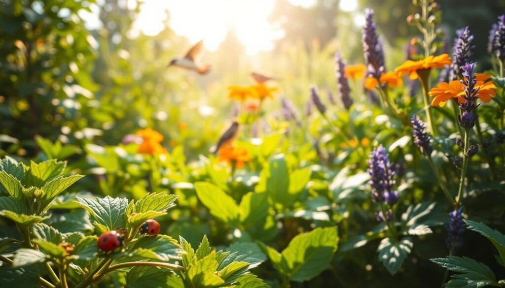 A lush, organic garden with natural pest control methods in action. In the foreground, ladybugs crawling on leaves, working to eliminate aphids. In the middle ground, birds flitting among the plants, picking off insects. In the background, companion plants like marigolds and lavender strategically placed to repel pests. Warm, diffused sunlight filters through the foliage, casting soft shadows. The overall scene exudes a sense of harmony and ecological balance, reflecting the principles of sustainable gardening.