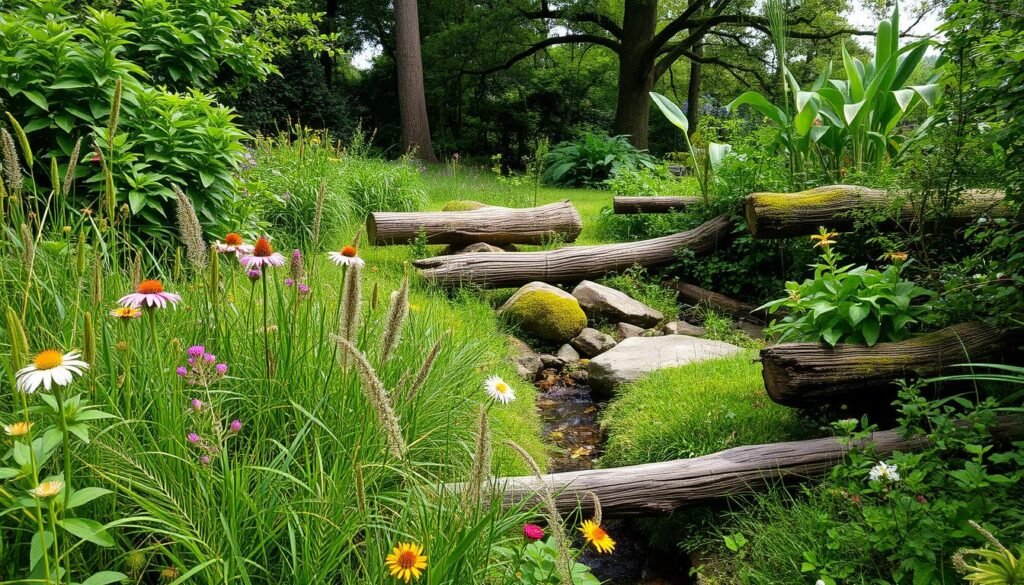 A lush, overgrown garden oasis with wild, untamed corners teeming with natural life. In the foreground, a tangle of vibrant wildflowers, long grasses, and verdant foliage create a cozy, hidden retreat. The middle ground features weathered logs, moss-covered rocks, and a small, meandering stream, inviting curious exploration. In the background, towering trees form a canopy, casting a warm, dappled light over the scene. The overall atmosphere is one of tranquility and harmonious coexistence between humans and nature, reflecting the beauty of a thoughtfully curated, insect-friendly garden space.