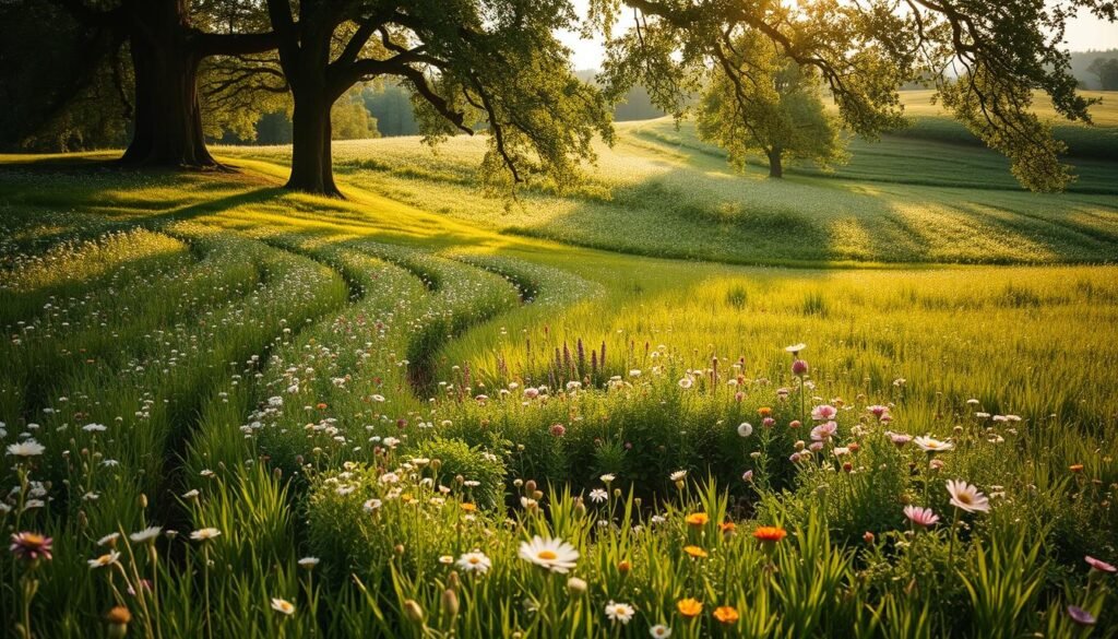 A lush, rolling meadow filled with a vibrant array of wildflowers, bathed in the soft, warm glow of the sun. In the foreground, a spiraling herb garden winds its way through the greenery, the delicate leaves and petals gently swaying in the breeze. Towering trees frame the scene, their branches casting dappled shadows across the pastoral landscape. The scene evokes a sense of tranquility and harmony, a celebration of the natural world and the beauty of sustainable gardening practices.