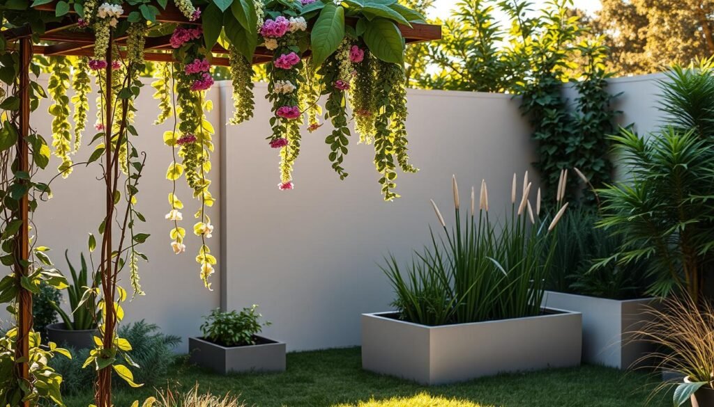 A lush, small garden with a focus on vertical elements. In the foreground, a stunning trellis adorned with trailing vines and vibrant flowers cascading down, casting soft, dappled shadows. In the middle ground, sleek, modern planters with upright plants and grasses, creating a layered, geometric composition. The background features a minimalist fence or wall, providing a clean, neutral backdrop to highlight the verdant greenery. The scene is illuminated by warm, golden natural light, evoking a serene and inviting atmosphere. The overall layout emphasizes the clever use of vertical space, offering design inspiration for compact garden settings.