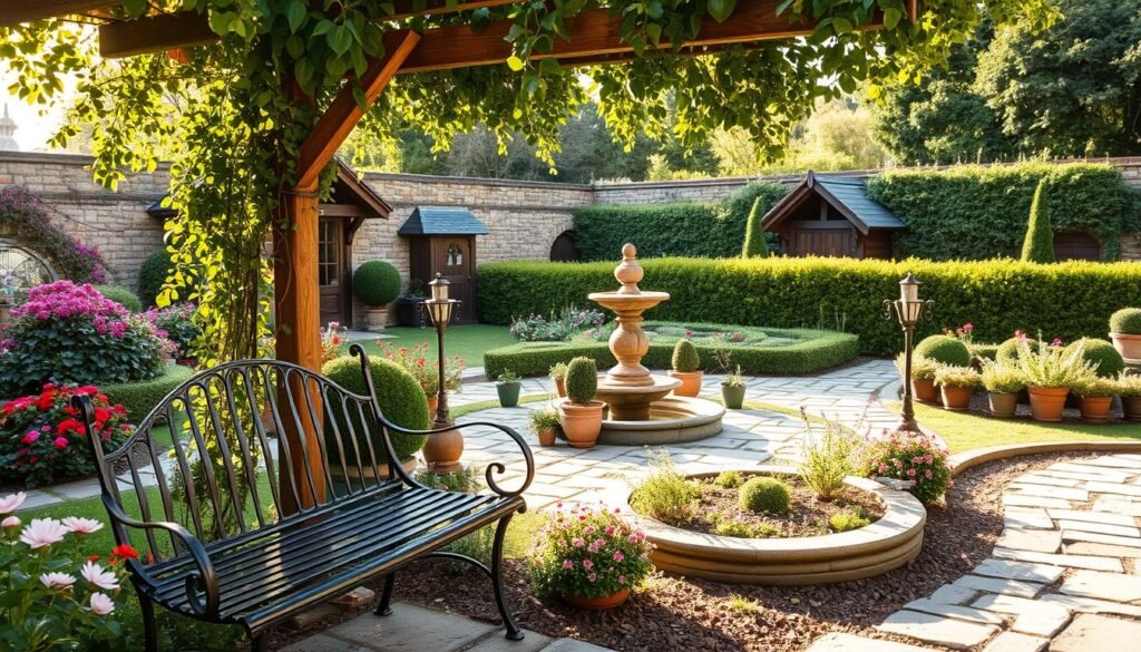 A lush, sun-dappled garden in the style of a traditional English cottage, featuring meandering stone paths, vibrant flower beds, and a charming wooden arbor draped in fragrant climbing vines. In the foreground, a wrought-iron garden bench invites leisurely contemplation, while in the middle ground, a gurgling fountain surrounded by potted plants and sculpted topiary adds soothing ambiance. The background is framed by a picturesque stone wall, with glimpses of a quaint wooden shed and a verdant hedge-lined border, all bathed in warm, golden-hour light. The overall scene exudes a sense of timeless elegance and tranquility, capturing the essence of a quintessential English garden.