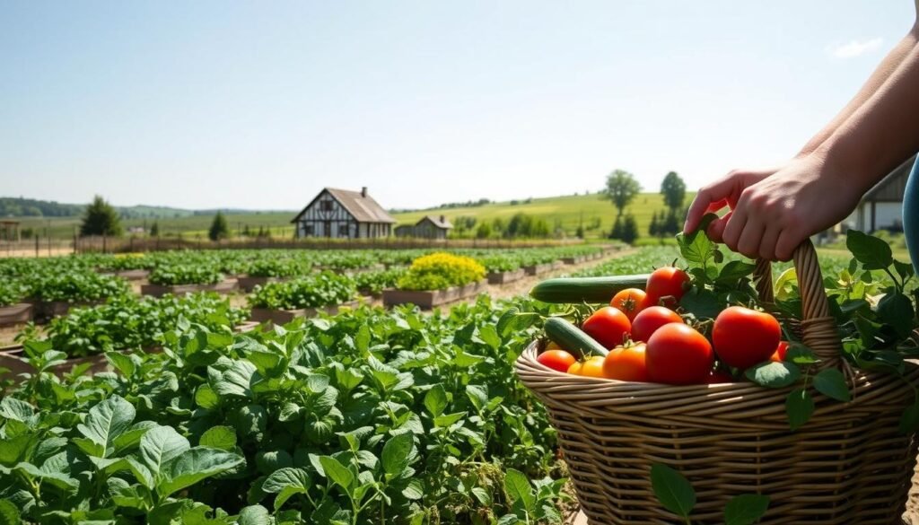 A lush, sun-dappled vegetable garden in the heart of a rural German landscape. In the foreground, a wicker basket overflows with freshly harvested produce - ripe tomatoes, crisp cucumbers, and leafy greens. Surrounding the basket, a skilled gardener's hands gently tend to the plants, pruning and harvesting with practiced ease. In the middle ground, rows of neatly tended raised beds brim with thriving vegetables, their leaves rustling in a gentle breeze. In the background, a traditional timber-framed farmhouse nestles amidst rolling hills and a cloudless azure sky. The scene exudes a sense of abundance, tranquility, and the richness of seasonal produce.