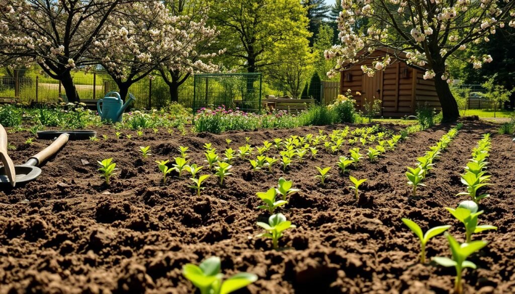 A lush, sun-drenched garden in early spring. In the foreground, rows of freshly tilled soil, ready for the sowing of seeds. Scattered about are gardening tools - trowels, rakes, and watering cans - lending a sense of industrious activity. The middle ground features a vibrant array of young seedlings, their delicate leaves reaching toward the warm April sun. In the background, a quaint wooden shed nestled among fruit trees in blossom, their delicate pink petals drifting on a gentle breeze. The scene is suffused with a sense of hopeful anticipation, as the garden prepares to burst into life. Crisp, high-resolution, cinematic, detailed.