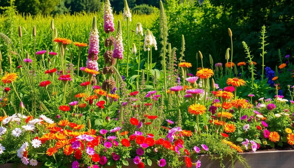 A lush, sun-drenched summer garden in a raised bed, overflowing with vibrant blooms and verdant foliage. In the foreground, a tapestry of colorful annuals, their petals dancing in a gentle breeze. Trailing vines and cascading flowers spill over the edges, creating a natural, cascading effect. The middle ground features tall, stately perennials, their stems reaching towards the sky, their blossoms radiant. In the background, a backdrop of verdant greens, hinting at the abundance of the surrounding landscape. Warm, golden light filters through, casting a soft, glowing hue over the scene. The overall impression is one of abundance, vitality, and the vibrant essence of high summer in the raised garden bed.