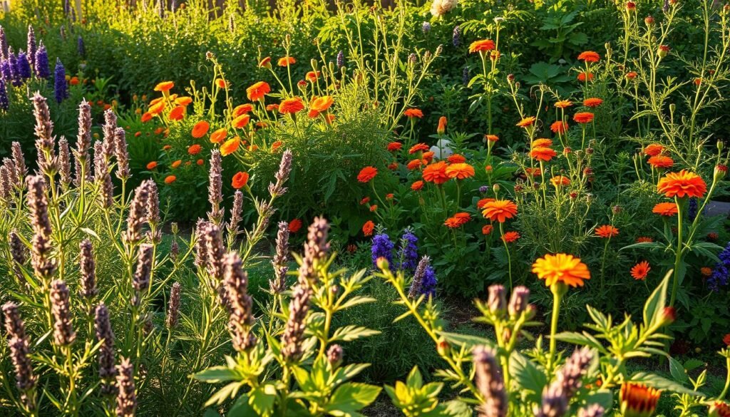 A lush, thriving garden filled with diverse, natural pest control methods. In the foreground, a vibrant herb garden with lavender, rosemary, and sage, their fragrant leaves rustling in a soft breeze. In the middle ground, a patch of marigolds and nasturtiums, their bright blooms attracting beneficial insects. In the background, a dense, biodiverse border planting, a symphony of shapes and colors, home to a variety of birds, ladybugs, and other predatory insects. The scene is bathed in warm, golden afternoon sunlight, casting long shadows and highlighting the garden's inherent beauty and balance. A serene, tranquil atmosphere, showcasing the harmony of natural pest control methods within an organic, sustainable garden.