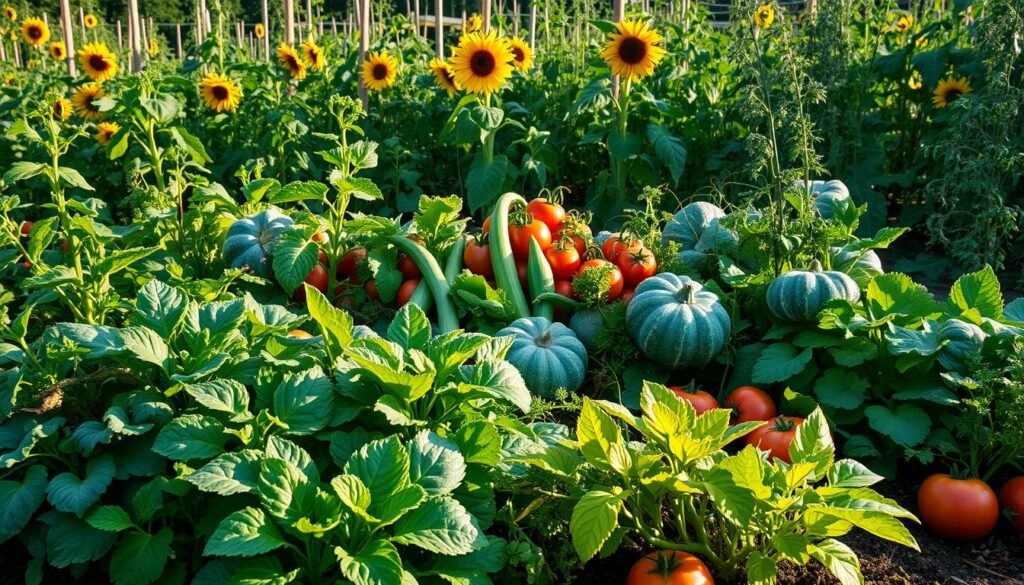 A lush, thriving vegetable garden in the afternoon sun, showcasing the harmonious interplay of diverse crops. In the foreground, leafy greens and root vegetables grow in close proximity, their vibrant colors and textures creating a visually captivating Mischkultur. The middle ground features a mix of tomato plants, beans, and squash, their vines and tendrils intertwined, forming a natural tapestry. In the background, a backdrop of towering sunflowers and tall herbs create a sense of depth and abundance. The lighting is soft and diffused, casting gentle shadows and highlighting the garden's organic, biodynamic nature. The overall composition conveys a sense of balance, productivity, and sustainable harmony within the vegetable bed.