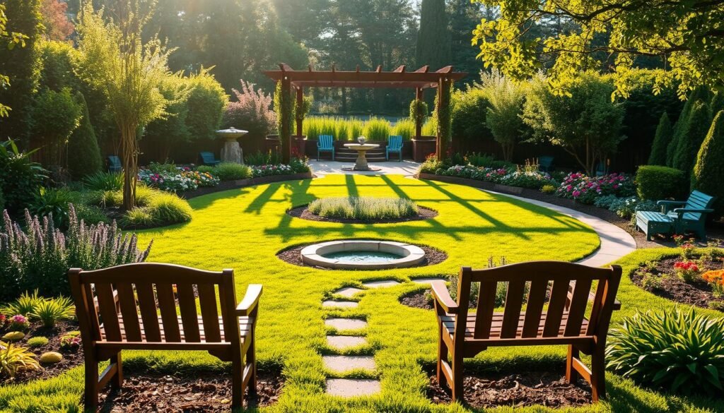 A lush, tranquil garden with neatly arranged flower beds, winding paths, and a serene water feature. In the foreground, a pair of wooden garden benches invite visitors to sit and admire the verdant landscape. The middle ground features a well-manicured lawn surrounded by a variety of plants, including vibrant blooms and ornamental shrubs. In the background, a well-designed pergola casts gentle shadows, creating an inviting atmosphere. The scene is bathed in warm, golden sunlight, highlighting the natural beauty of the garden. The image conveys a sense of harmony and thoughtful planning, reflecting the core principles of successful garden design.