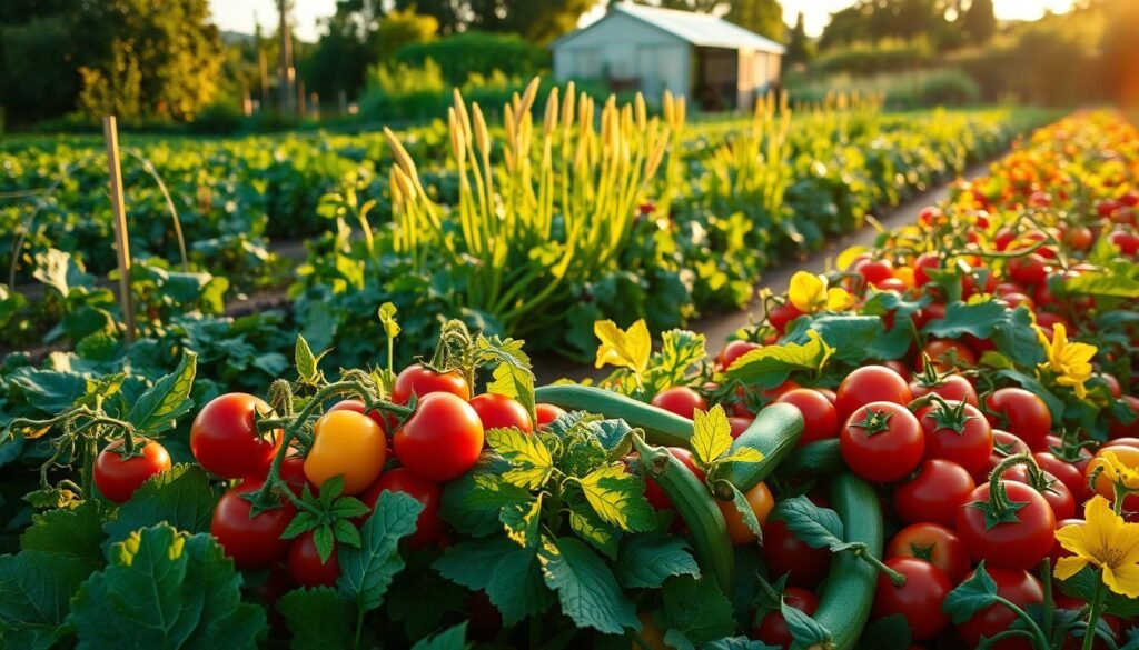 A lush vegetable garden in golden afternoon light, with rows of various healthy produce prominently displayed. In the foreground, a cluster of vibrant tomatoes, peppers, and zucchini. In the middle ground, tall leafy greens like kale and chard sway gently. In the background, a shed or greenhouse partially visible, surrounded by an abundance of seasonal crops. The scene exudes a sense of abundance, productivity, and the rhythm of the growing season. Captured with a wide-angle lens to showcase the expansive layout, with soft, warm lighting that emphasizes the colors and textures of the vegetables.