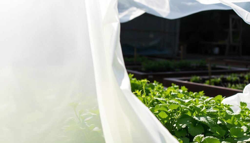 A lush vegetable garden, protected by a layer of shimmering white fabric. In the foreground, delicate greens emerge, shielded from the crisp winter air. Dappled sunlight filters through the material, creating a soft, diffused glow. In the middle ground, the fabric gently undulates, creating a rippling effect that adds depth and texture. In the background, the framework of the garden beds is visible, hinting at the structured organization of the space. The overall scene conveys a sense of nurturing and care, as the protective covering safeguards the plants from the harsh winter elements, allowing them to thrive.
