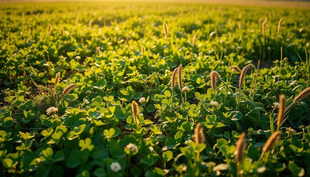 A lush, verdant field of diverse cover crops, their vibrant foliage blanketing the soil. In the foreground, a tangle of deep green leaves and delicate flowers, representing a thriving green manure mixture. The middle ground showcases a variety of cover crops, their textures and colors creating a harmonious tapestry - from the broad leaves of the clover to the slender stems of the rye. In the background, the scene is framed by the soft, hazy edges of the horizon, conveying a sense of tranquility and renewal. Warm, golden sunlight filters through the scene, casting a gentle glow and highlighting the vitality of the soil-building plants. This image evokes the power of cover cropping to nourish and restore the earth, a practical and visually stunning representation of sustainable gardening practices.