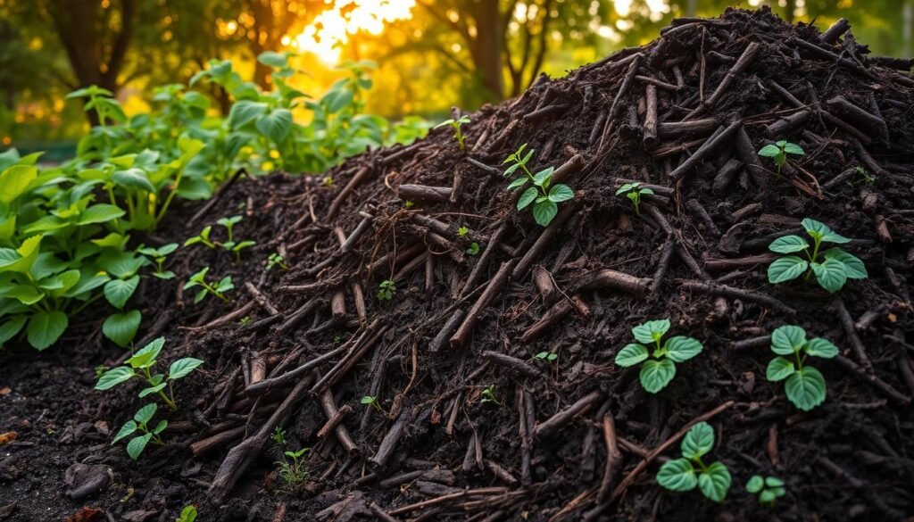 A lush, verdant garden bed overflowing with a rich, dark compost pile. Earthy textures and gentle, natural light blend harmoniously, creating an inviting atmosphere. In the foreground, the compost heap is a towering mound of decomposing organic matter, its layers and textures revealing the natural process of nutrient-rich soil formation. Surrounding the compost, healthy plants and vibrant greenery thrive, their roots drawing nourishment from the nourishing soil. In the background, a warm, golden-hued sunlight filters through the canopy of trees, casting a warm, welcoming glow over the entire scene. The overall composition conveys the importance of composting as a natural and sustainable way to enrich garden soil, supporting robust plant growth and a bountiful harvest.