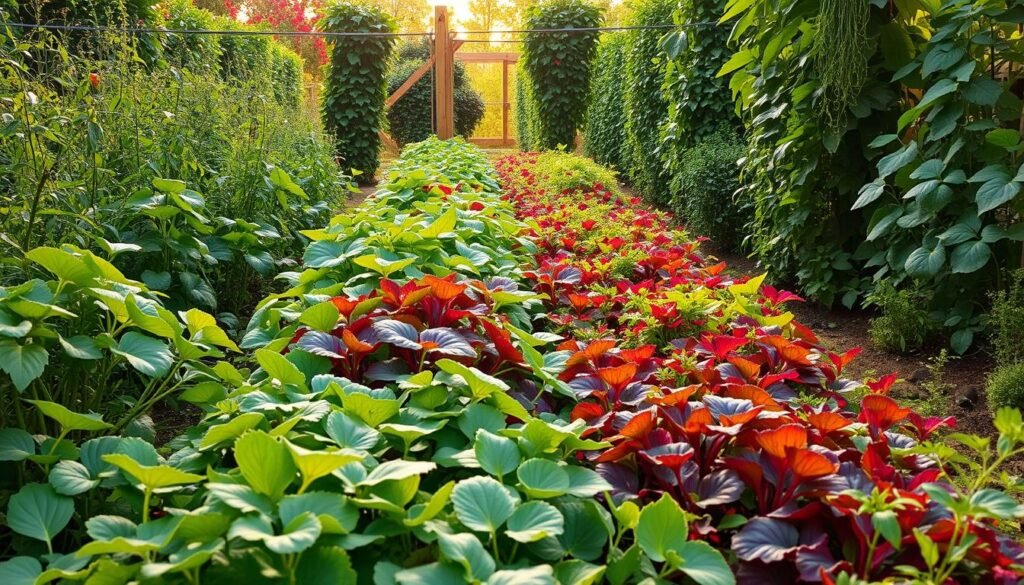 A lush, verdant garden in full bloom, with rows of vibrant vegetables and herbs intertwined in a harmonious mix. In the foreground, a close-up view showcases the diverse array of plants thriving together, their leaves and stems intertwining in a tangled yet organized display. The middle ground reveals a wider perspective, highlighting the efficient use of space and the strategic placement of different crops. In the background, a warm, natural light filters through the foliage, casting a soft, golden glow over the scene. The overall atmosphere is one of abundance, productivity, and the joy of a well-tended, productive mixed-crop garden.