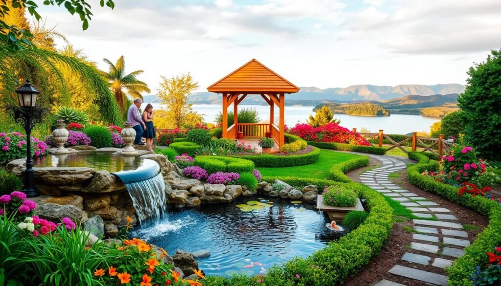 A lush, verdant garden oasis filled with vibrant floral arrangements and neatly landscaped pathways. In the foreground, a cascading waterfall flows gently into a serene koi pond, surrounded by a mix of flowering plants and neatly trimmed bushes. The middle ground features a charming wooden gazebo, its slanted roof casting warm, golden light across the scene. Beyond, a tranquil lake reflects the surrounding greenery, while in the distance, rolling hills and a picturesque mountain range create a breathtaking backdrop. The overall atmosphere is one of peaceful relaxation and inspiring natural beauty.
