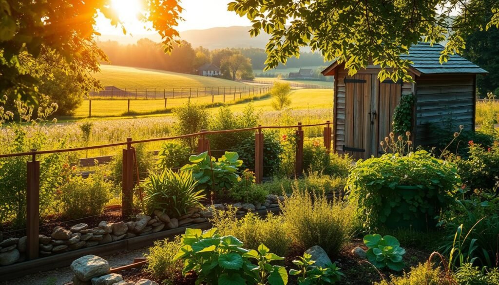 A lush, verdant garden oasis, illuminated by warm, golden sunlight filtering through the trees. In the foreground, a well-manicured vegetable patch and thriving herb garden, surrounded by neatly stacked stones and a sturdy wooden fence. In the middle ground, a quaint, rustic garden shed, its weathered timber walls and shingled roof casting gentle shadows. In the background, a rolling meadow dotted with wildflowers, and a distant, picturesque farmhouse. The scene conveys a sense of tranquility and harmony, highlighting the legal and regulatory aspects of cultivating a productive, self-sufficient garden.