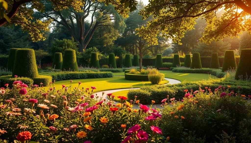 A lush, verdant garden scene, bathed in warm, golden sunlight filtering through the canopy of mature trees. In the foreground, a vibrant mix of thriving flowers and foliage, their petals and leaves gently swaying in a soft breeze. Winding pathways wind through the garden, inviting the viewer to explore this peaceful, natural oasis. In the middle ground, sculpted shrubs and neatly trimmed hedges frame the scene, complementing the organic chaos of the blooming plants. The background features a blend of tall, towering trees, their branches casting dappled shadows across the ground. This serene, harmonious garden represents the perfect balance of curated design and untamed nature, a true modern sanctuary.