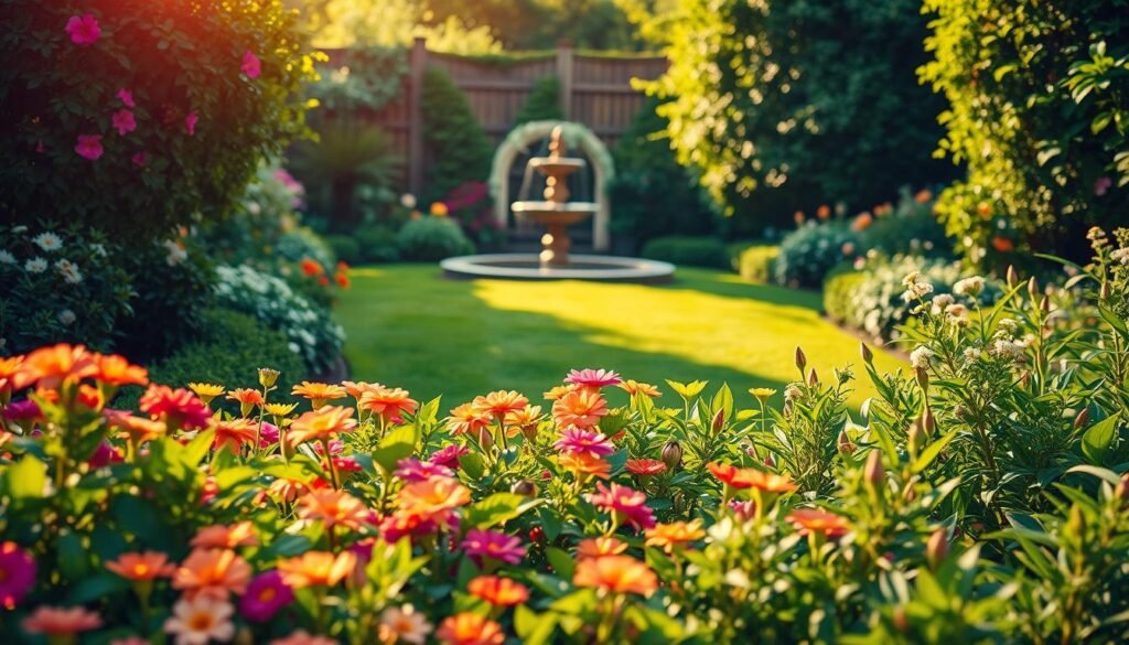 A lush, verdant garden scene filled with vibrant greenery and flourishing plants. In the foreground, a well-tended flowerbed bursts with colorful blooms, their petals gently swaying in a warm, soft breeze. The middle ground features a neatly trimmed lawn, leading the eye towards a decorative garden fountain or water feature, its gentle splashing creating a soothing ambiance. In the background, a wooden fence or hedgerow frames the scene, providing a sense of enclosure and privacy. The lighting is warm and natural, casting a golden glow over the entire composition. The overall mood is one of tranquility, inviting the viewer to immerse themselves in the beauty and serenity of this well-designed, meticulously maintained garden.