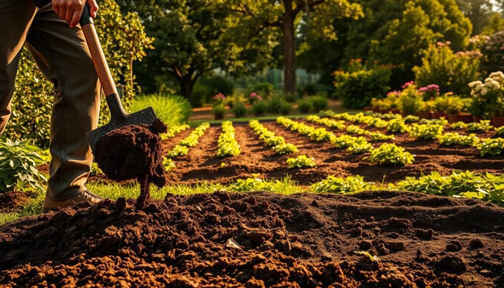 A lush, verdant garden scene in warm, golden afternoon light. In the foreground, a person is digging into the rich, dark soil, turning it over with a spade. Crumbling clods of earth cascade down, revealing the fertile, nutrient-dense substrate below. In the middle ground, rows of neatly tilled beds stretch out, ready to receive seedlings and new growth. The background is filled with mature fruit trees and flowering shrubs, casting soft, dappled shadows. The atmosphere is one of peaceful industry, as the gardener prepares the soil for a bountiful season ahead.