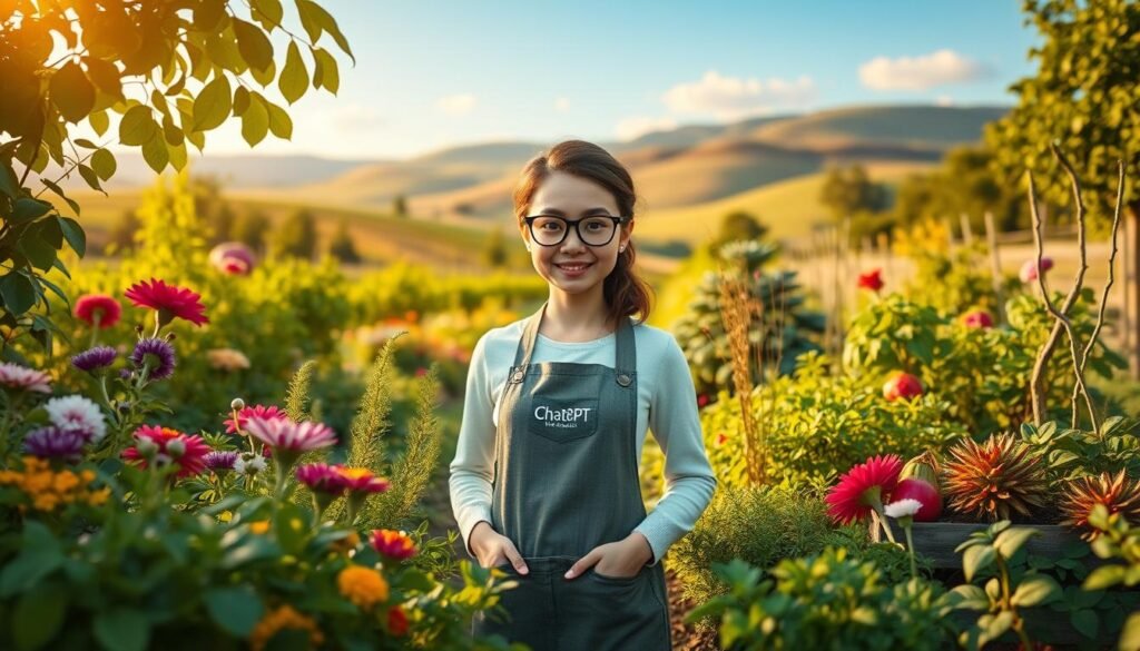 A lush, verdant garden with a central focus on a friendly, smiling ChatGPT AI assistant. The assistant stands amidst flourishing flowers, herbs, and vegetables, offering gardening tips and advice. Warm, soft lighting bathes the scene, creating a welcoming, natural atmosphere. The background features a picturesque landscape, with rolling hills and a clear blue sky. The composition has a balanced, harmonious feel, inviting the viewer to immerse themselves in the serene, educational setting. The overall tone is one of trustworthy, sustainable, and approachable gardening guidance.