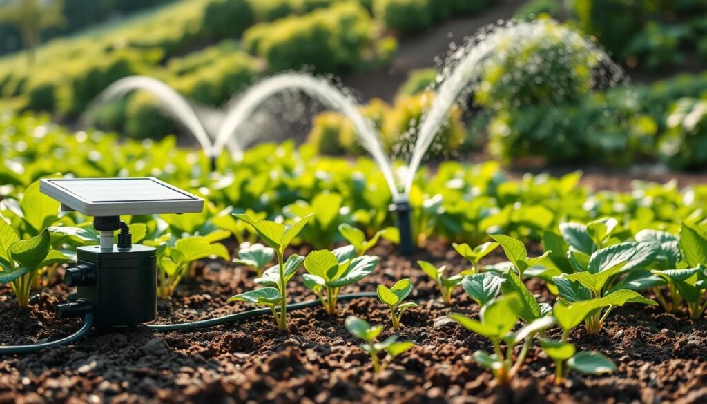 A lush, verdant garden with a well-designed, efficient irrigation system. In the foreground, a compact, solar-powered drip irrigation setup, its sleek components and tubing seamlessly blending into the rich, loamy soil. Gently arcing sprinklers in the middle ground, their water droplets catching the soft, diffused sunlight, creating a sparkling, mist-like effect. In the background, a gently sloping hillside dotted with thriving, healthy plants, their leaves glistening with the gentle caress of the water. The overall scene conveys a sense of harmony, sustainability, and the careful balance of technology and nature.