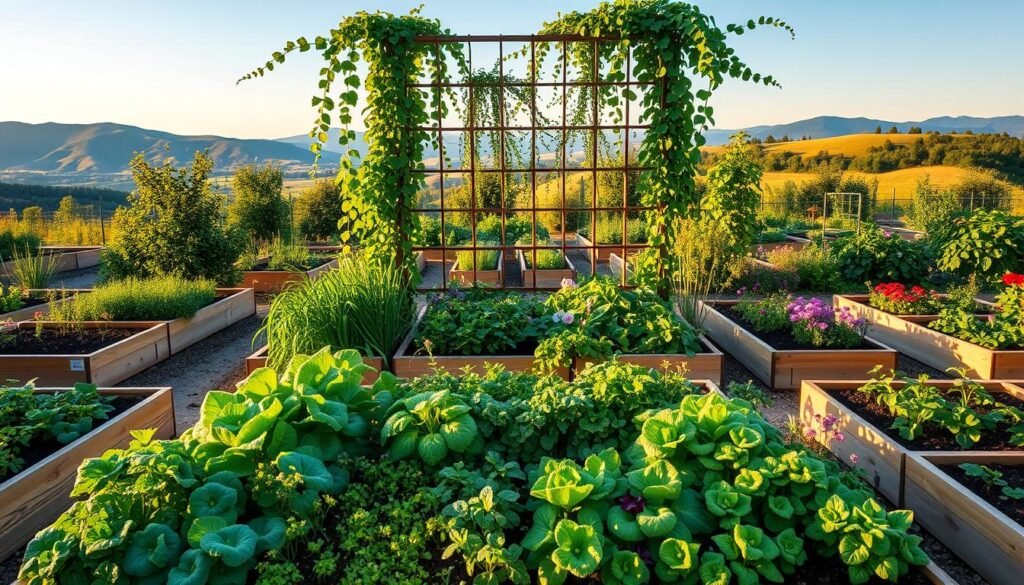 A lush, verdant garden with raised garden beds, neatly arranged in a geometric layout. The foreground features an assortment of vibrant vegetables, herbs, and flowers, creating a visually appealing and productive space. In the middle ground, a wooden trellis supports climbing vines, adding texture and vertical interest. The background showcases a picturesque landscape, with a backdrop of rolling hills and a clear blue sky. The overall scene is illuminated by warm, golden sunlight, casting a soft, natural glow and highlighting the verdant foliage. The composition emphasizes balance, symmetry, and the harmonious integration of form and function, creating an aesthetically pleasing and sustainable urban oasis.