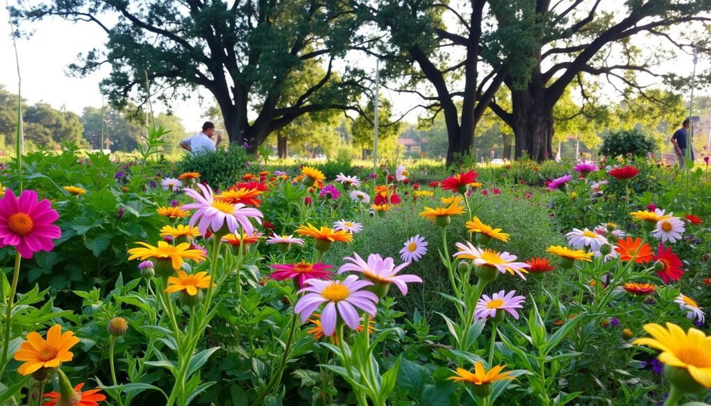 A lush, vibrant garden filled with a diverse array of thriving plants. In the foreground, a variety of colorful flowers bloom in full splendor, their petals gently swaying in a warm, soft light. The middle ground features a mix of leafy herbs and verdant foliage, creating a textured, layered composition. In the background, a few larger, stately trees provide a natural, tranquil backdrop, their branches casting a dappled, filtered light across the scene. The overall atmosphere is one of serene beauty, inviting the viewer to immerse themselves in the calming, harmonious landscape.